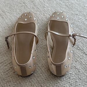 Chic Beige Studded Flats with Ankle Strap